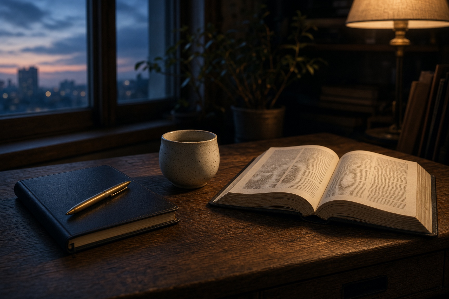 A quiet study with an open Bible, a lamp, and evening light